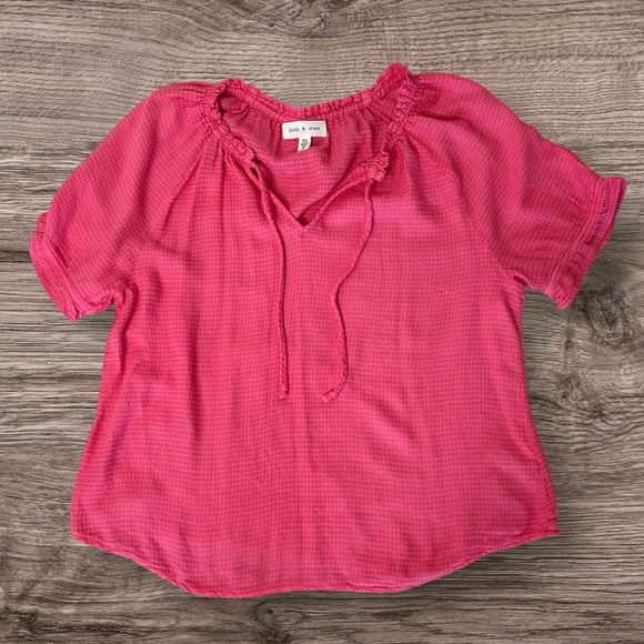 Cloth & Stone Anthropologie Short Sleeve Tie-Neck Top in Pink Rose Sz M - Picture 2 of 9